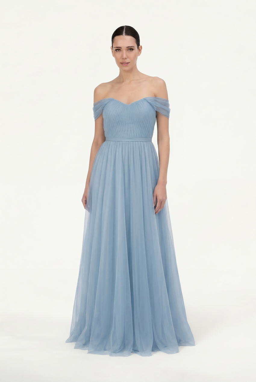 Bardot Bridesmaid Dress in Dusty Blue Tulle TH&TH Bardot Bridesmaid Dress in Dusty Blue Tulle TH&TH