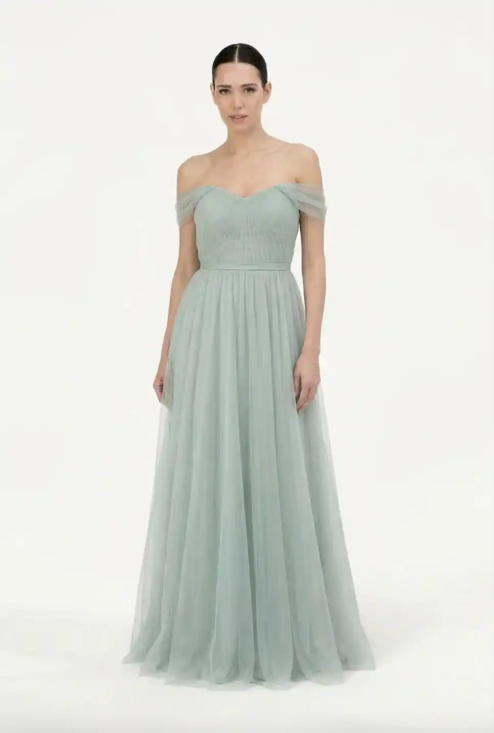 eucalyptus green bridesmaid dresses Bardot Bridesmaid Dress in Dusty Eucalyptus Tulle – TH&TH
