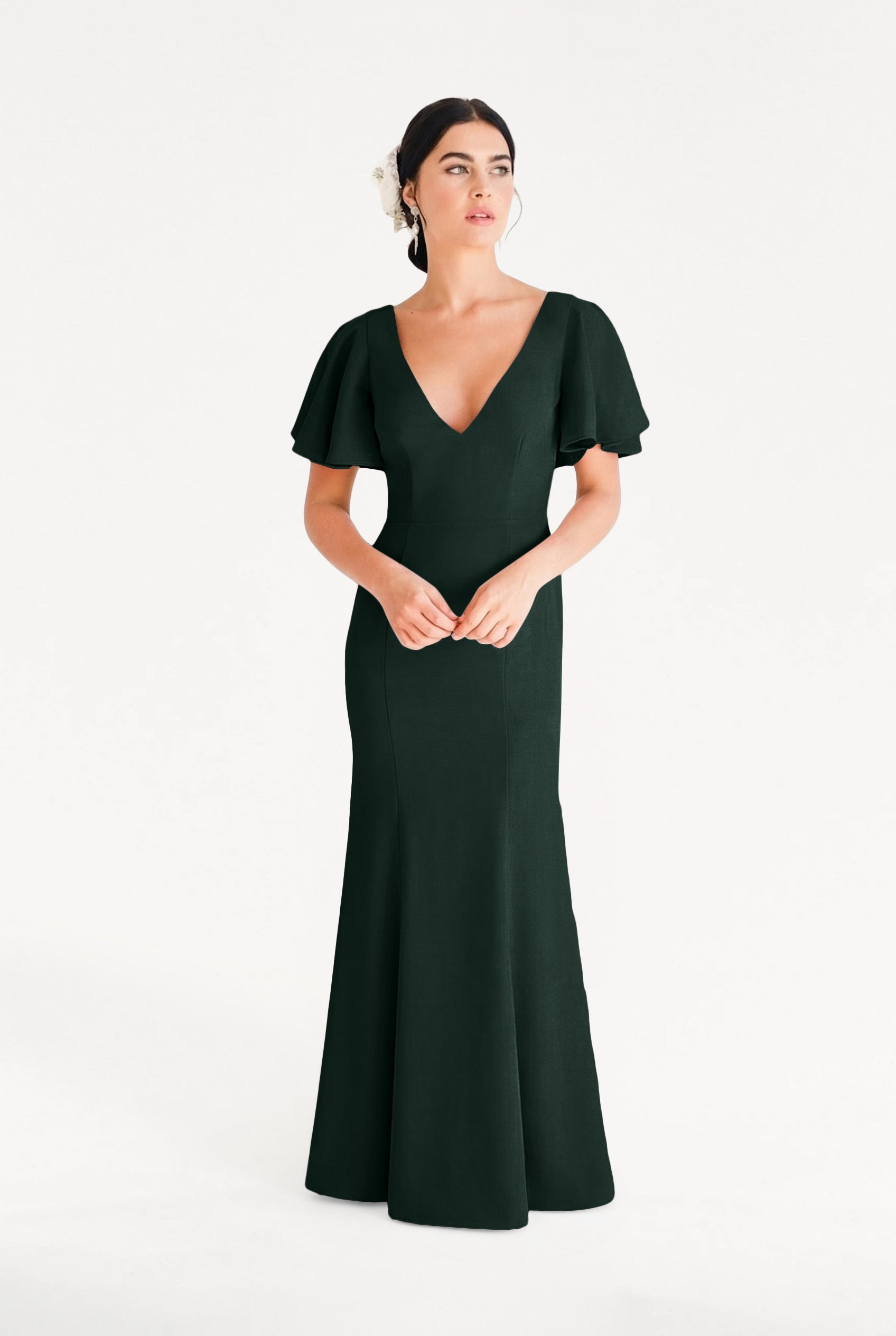 Celeste Moss Crepe Bridesmaid Dress in Forest Green | TH&TH TH and TH Celeste Moss Crepe Bridesmaid Dress in Forest Green | TH&TH TH and TH