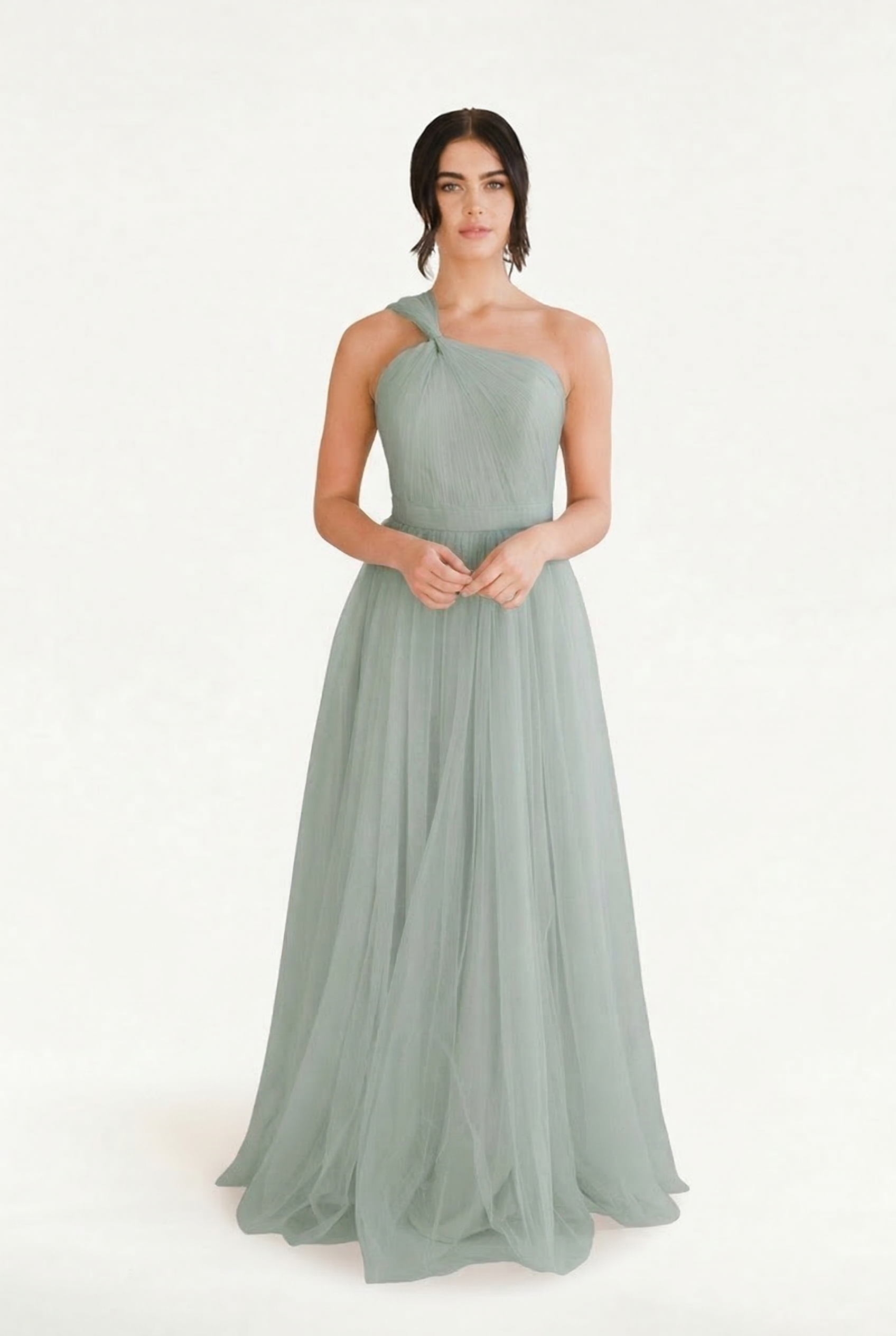 TH&TH Luna One Shoulder Bridesmaid Dress in Dusty Eucalyptus Tulle TH and TH TH&TH Luna One Shoulder Bridesmaid Dress in Dusty Eucalyptus Tulle TH and TH