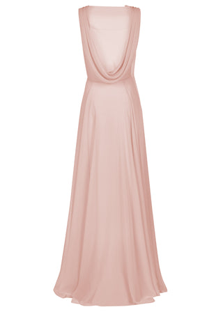 A blush pink bridesmaid dress in chiffon with low cowl back and flowing chiffon skirt by TH&TH Bridesmaids.