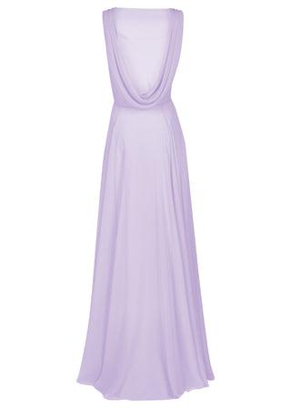 A lilac bridesmaid dress in chiffon with low cowl back and flowing chiffon skirt by TH&TH Bridesmaids.