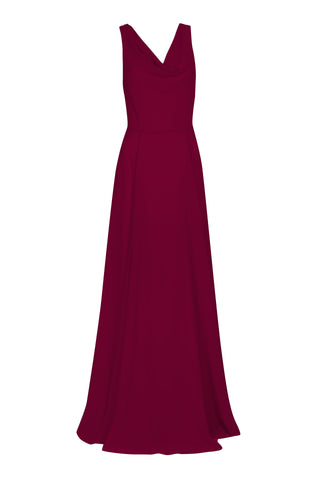Model wearing a merlot bridesmaid dress in chiffon with cowl neckline and flowing chiffon skirt by TH&TH Bridesmaids.