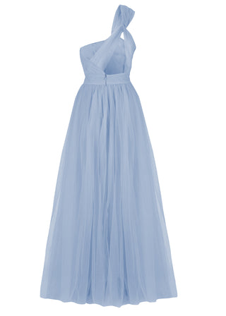 A dusty blue bridesmaid dress with one shoulder strap on a white background by TH&TH Bridesmaids.