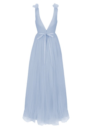 A dusty blue bridesmaid dress with mock wrap front, pleated bodice, on a white background by TH&TH Bridesmaids.
