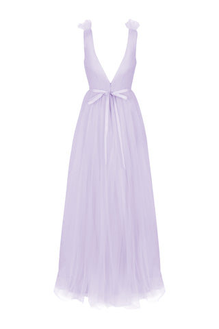 A lilac bridesmaid dress with low back and bow at back, on a white background by TH&TH Bridesmaids.
