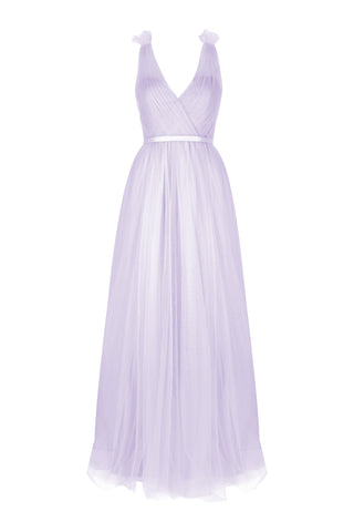 A lilac bridesmaid dress with mock wrap front, pleated bodice, on a white background by TH&TH Bridesmaids.