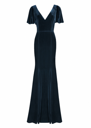 Blue velvet gown with flutter sleeves on a white background by TH&TH bridesmaids.