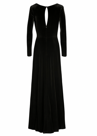 a long black bridesmaid dress with long sleeves and twist knot detail in velvet.