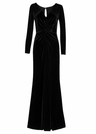 a long black bridesmaid dress with long sleeves and twist knot detail in velvet.