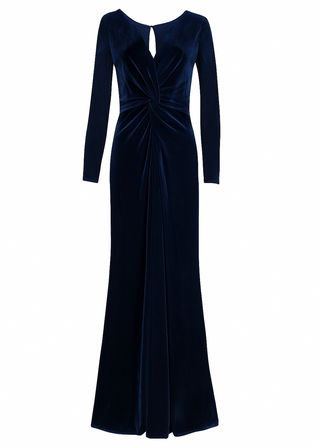 a long navy bridesmaid dress with long sleeves and twist knot detail in velvet.