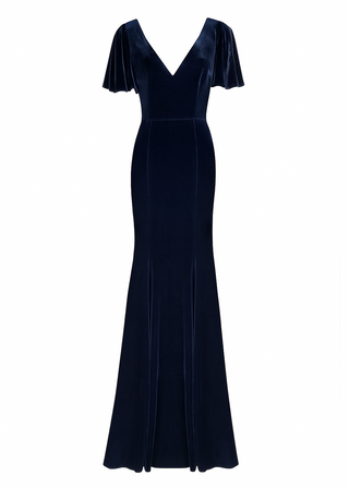 a long navy bridesmaid dress with angel sleeves and V neck in velvet.