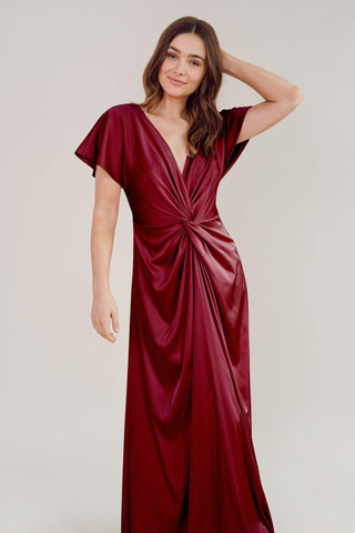 bridesmaid dresses- satin bridesmaid dresses- front view on model with hand up