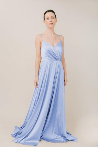 blue bridesmaid dresses, satin bridesmaid dresses,  model front view.