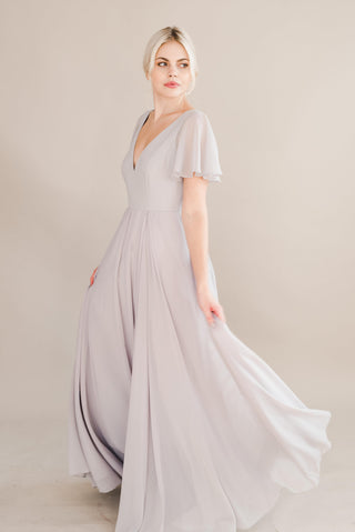 grey bridesmaid dresses, model front view