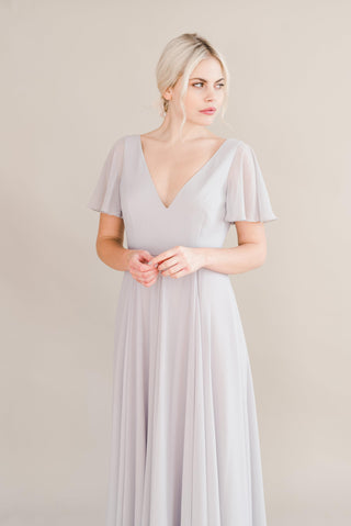 grey bridesmaid dresses, model close up 