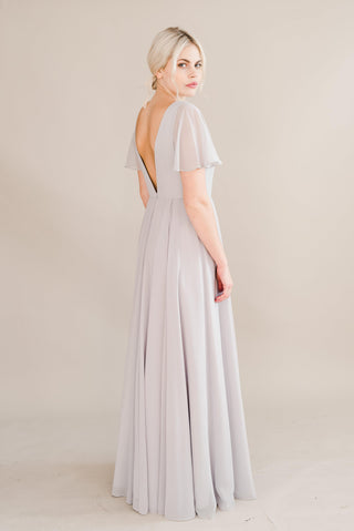 grey bridesmaid dresses, model side view