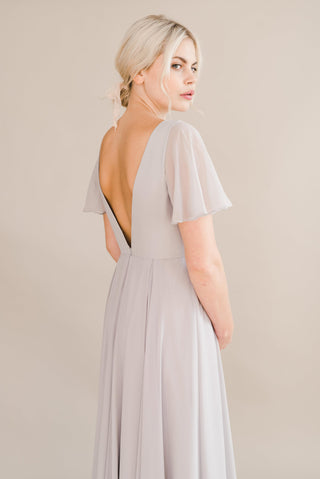 grey bridesmaid dresses, close up model side view