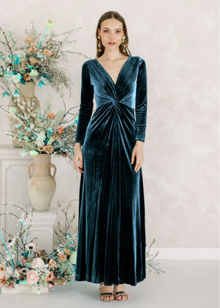 Camilla Velvet Longsleeve Bridesmaid Dress in Smoke Blue