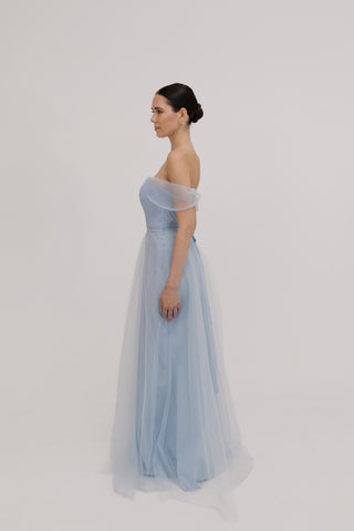 Bardot Bridesmaid Dress in Dusty Blue