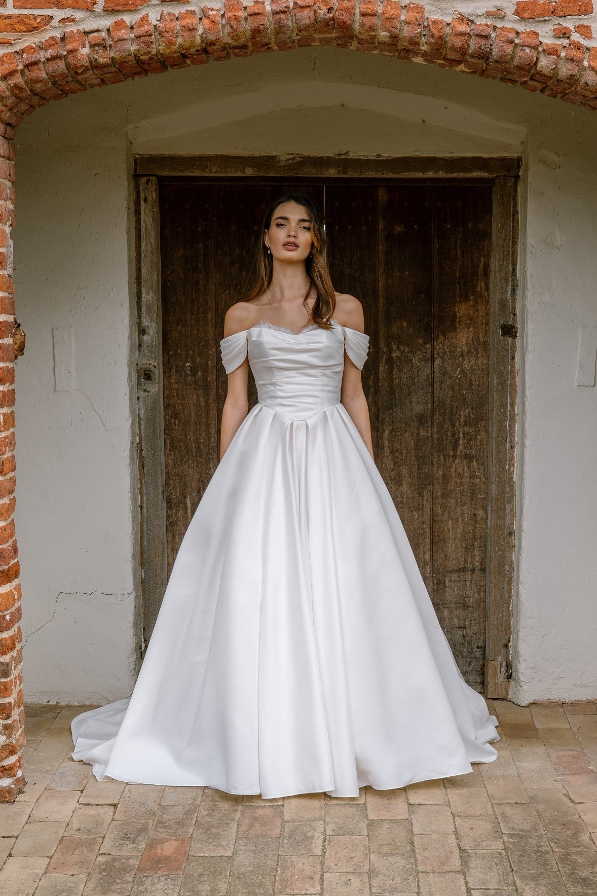 Daphne Off-the-Shoulder Bridal Ballgown in Satin with Eyelash Lace