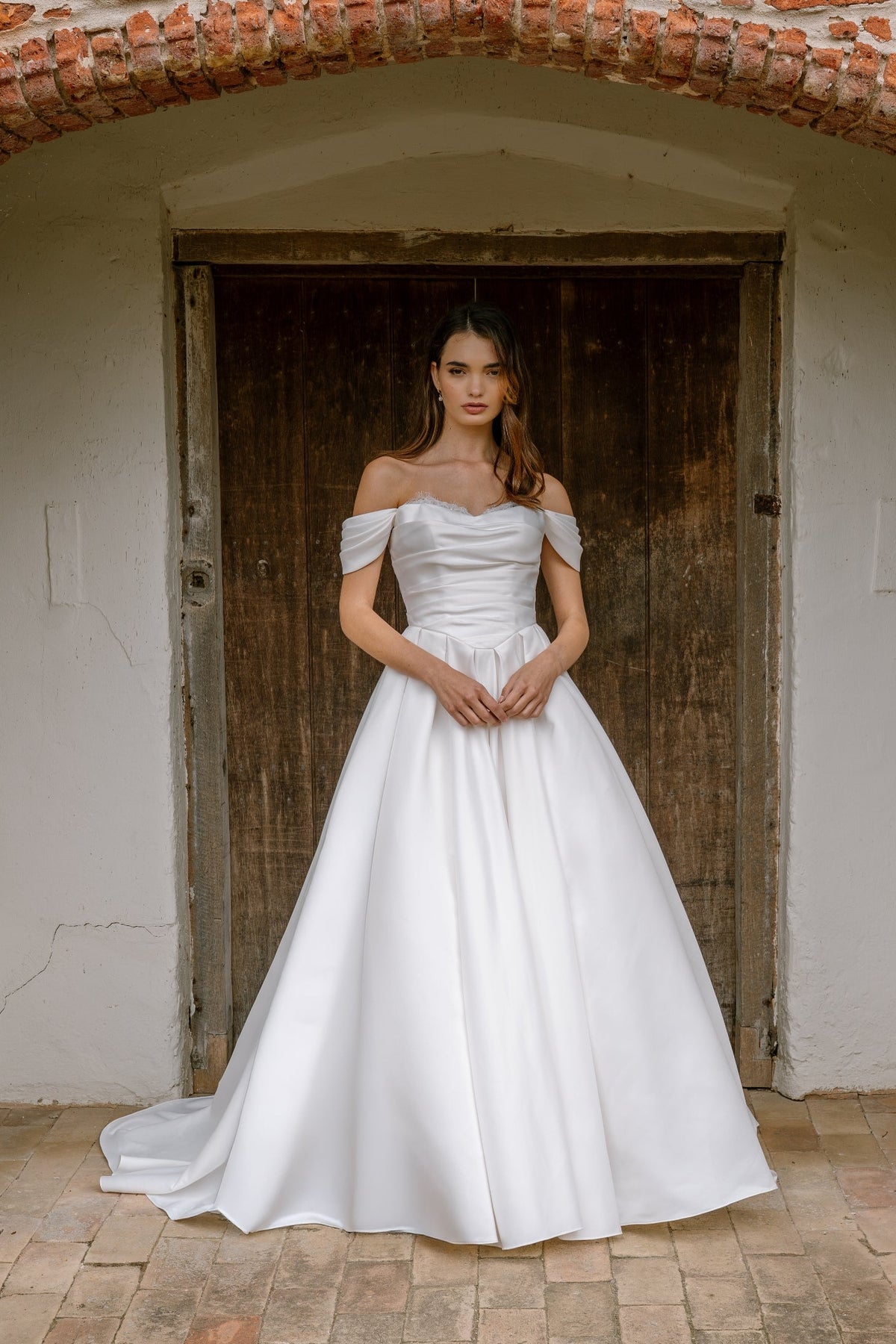 Daphne Off-the-Shoulder Bridal Ballgown in Satin with Eyelash Lace