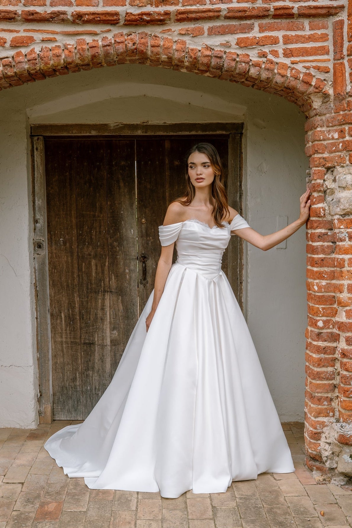 Daphne Off-the-Shoulder Bridal Ballgown in Satin with Eyelash Lace