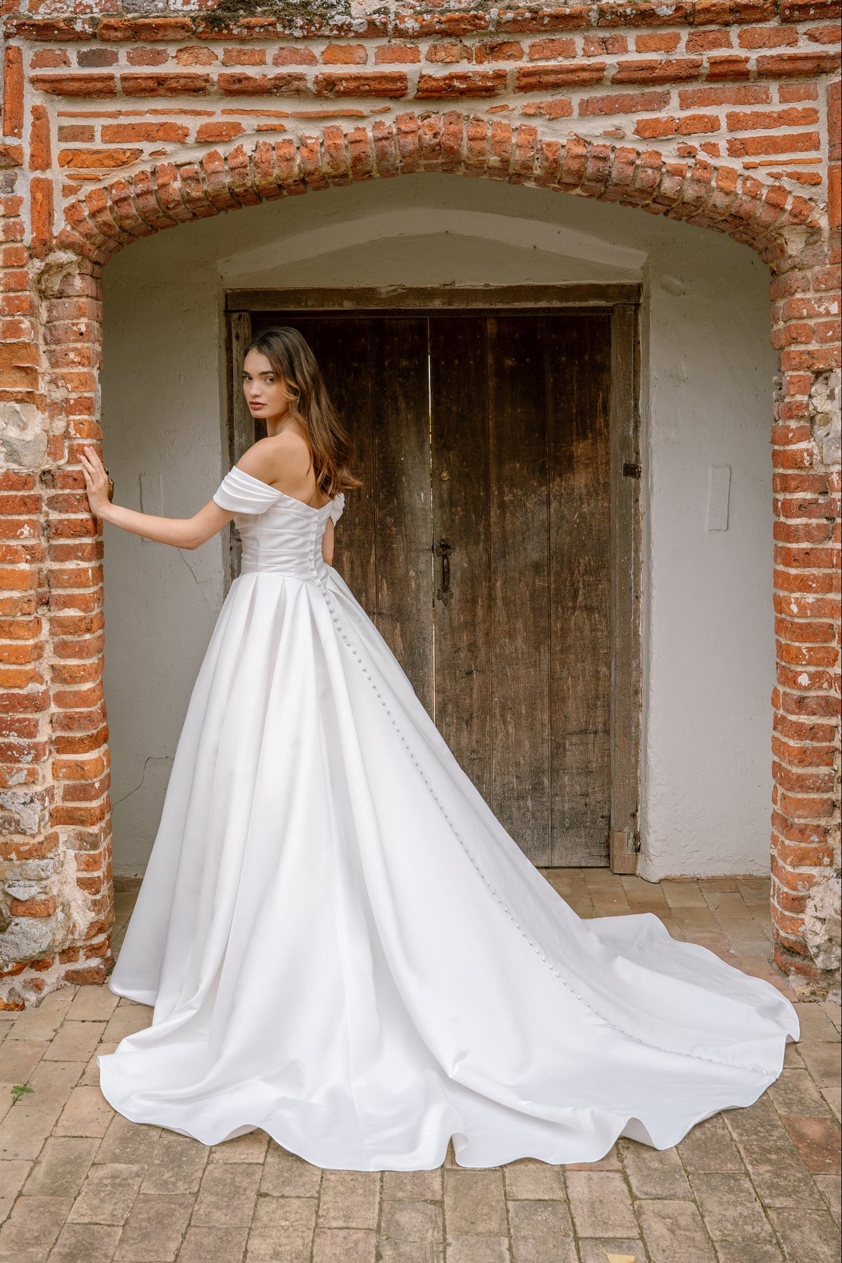 Daphne Off-the-Shoulder Bridal Ballgown in Satin with Eyelash Lace