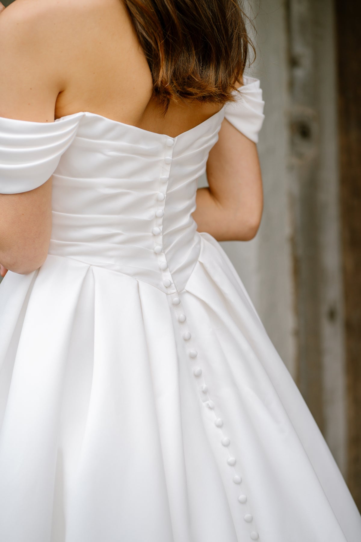 Daphne Off-the-Shoulder Bridal Ballgown in Satin with Eyelash Lace