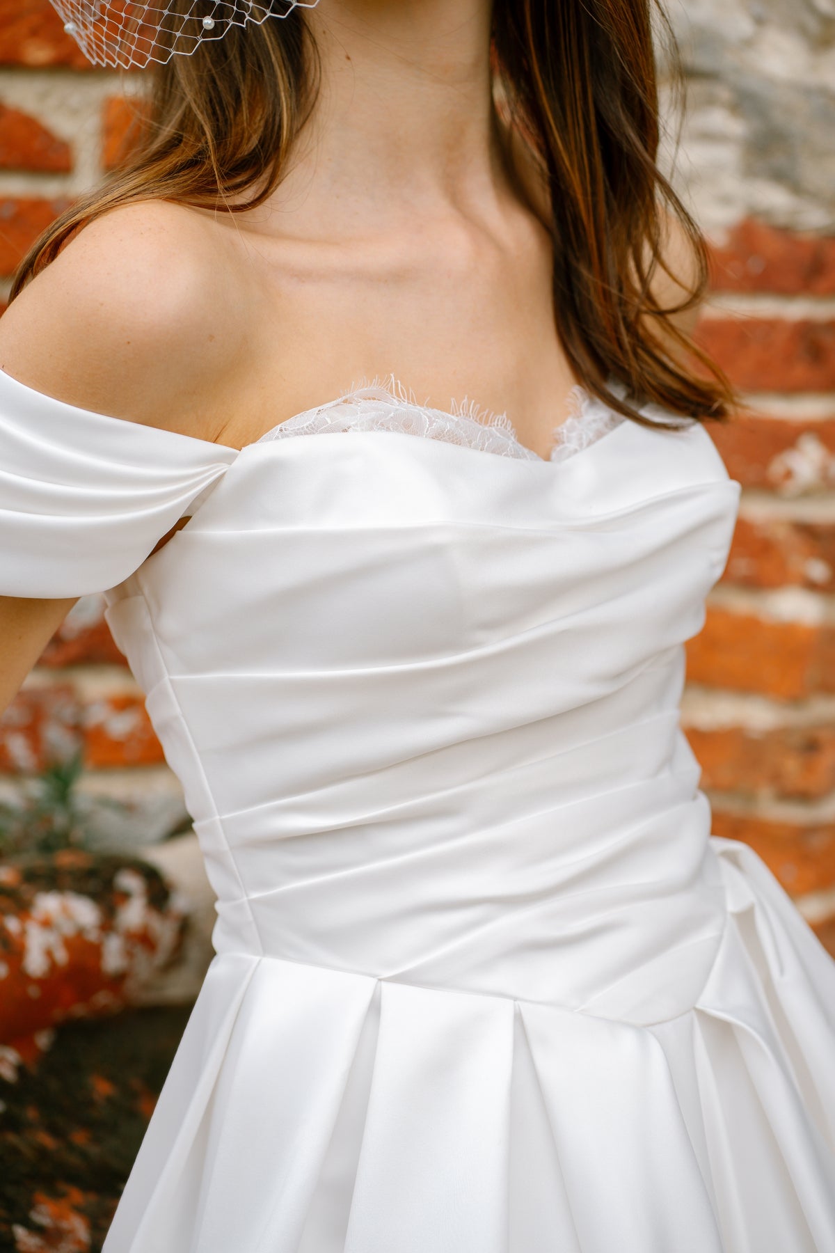 Daphne Off-the-Shoulder Bridal Ballgown in Satin with Eyelash Lace