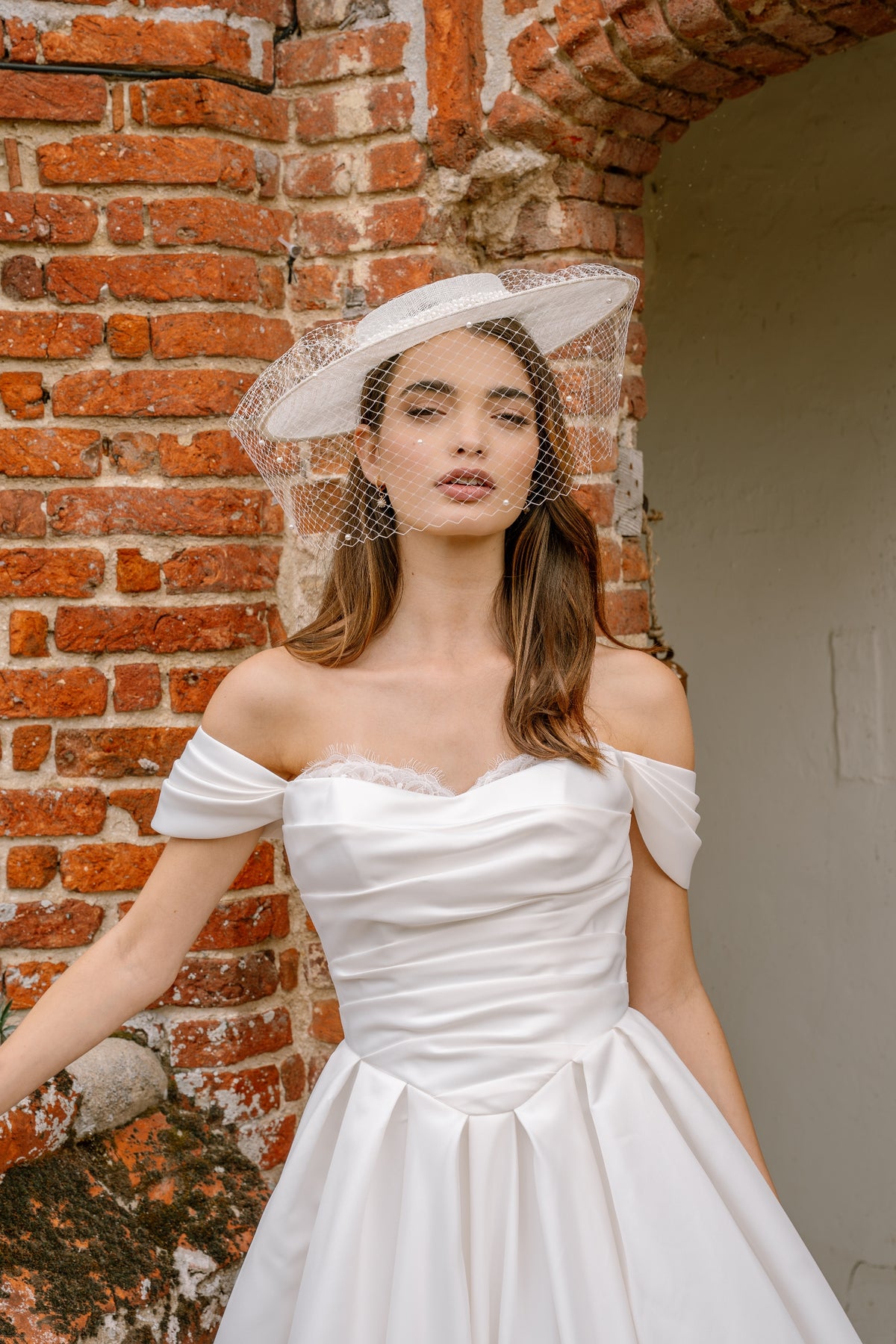 Daphne Off-the-Shoulder Bridal Ballgown in Satin with Eyelash Lace