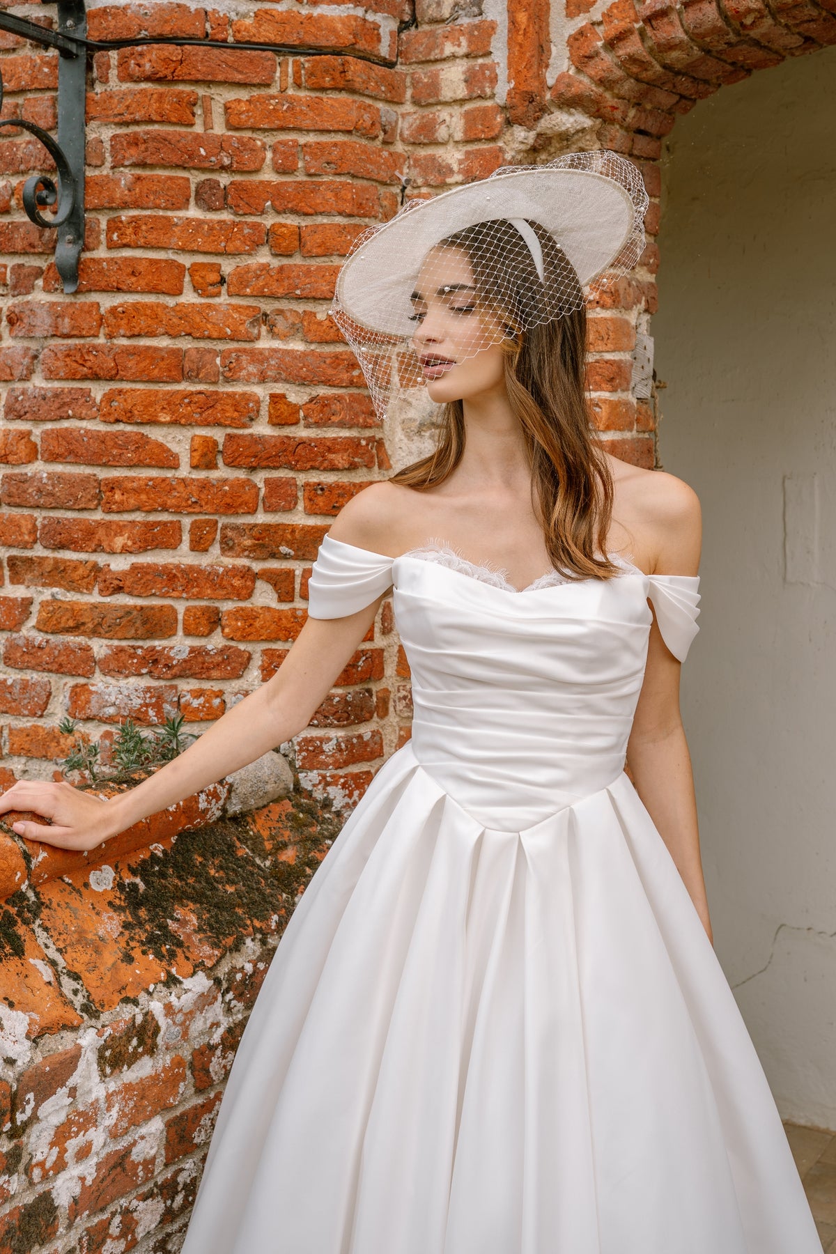 Daphne Off-the-Shoulder Bridal Ballgown in Satin with Eyelash Lace
