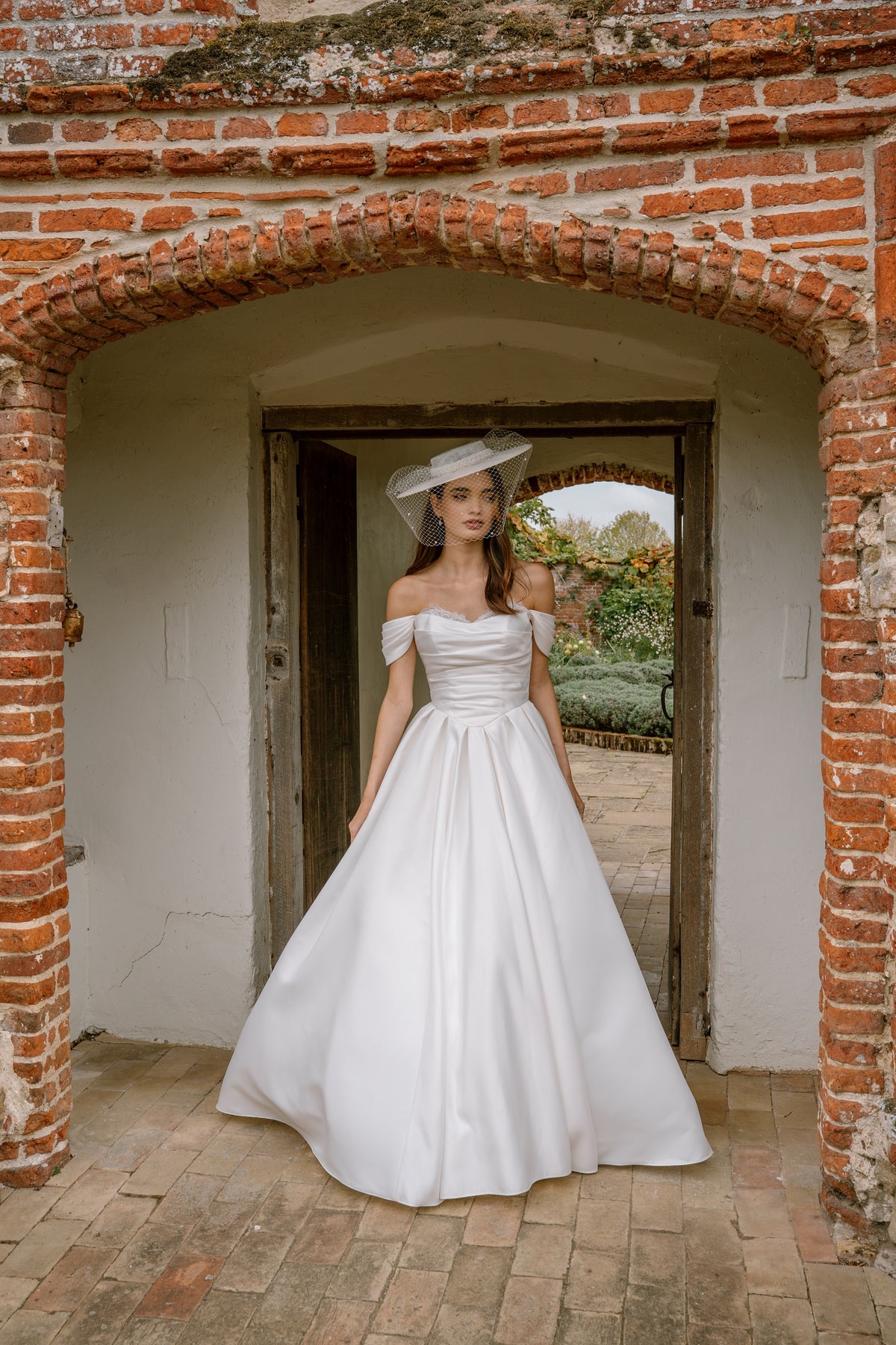 Daphne Off-the-Shoulder Bridal Ballgown in Satin with Eyelash Lace