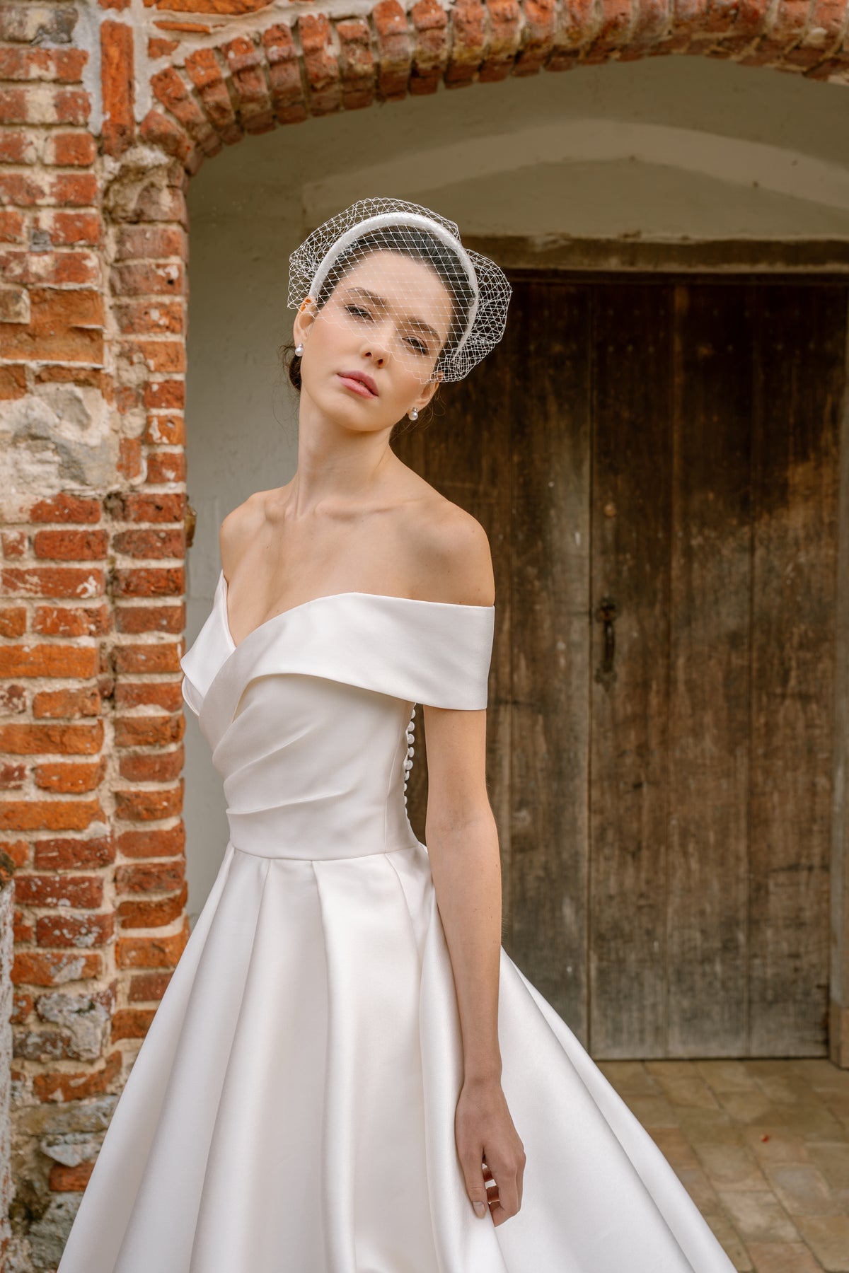 Adelaide Off-the-Shoulder Bridal Ballgown in Ivory Mikado
