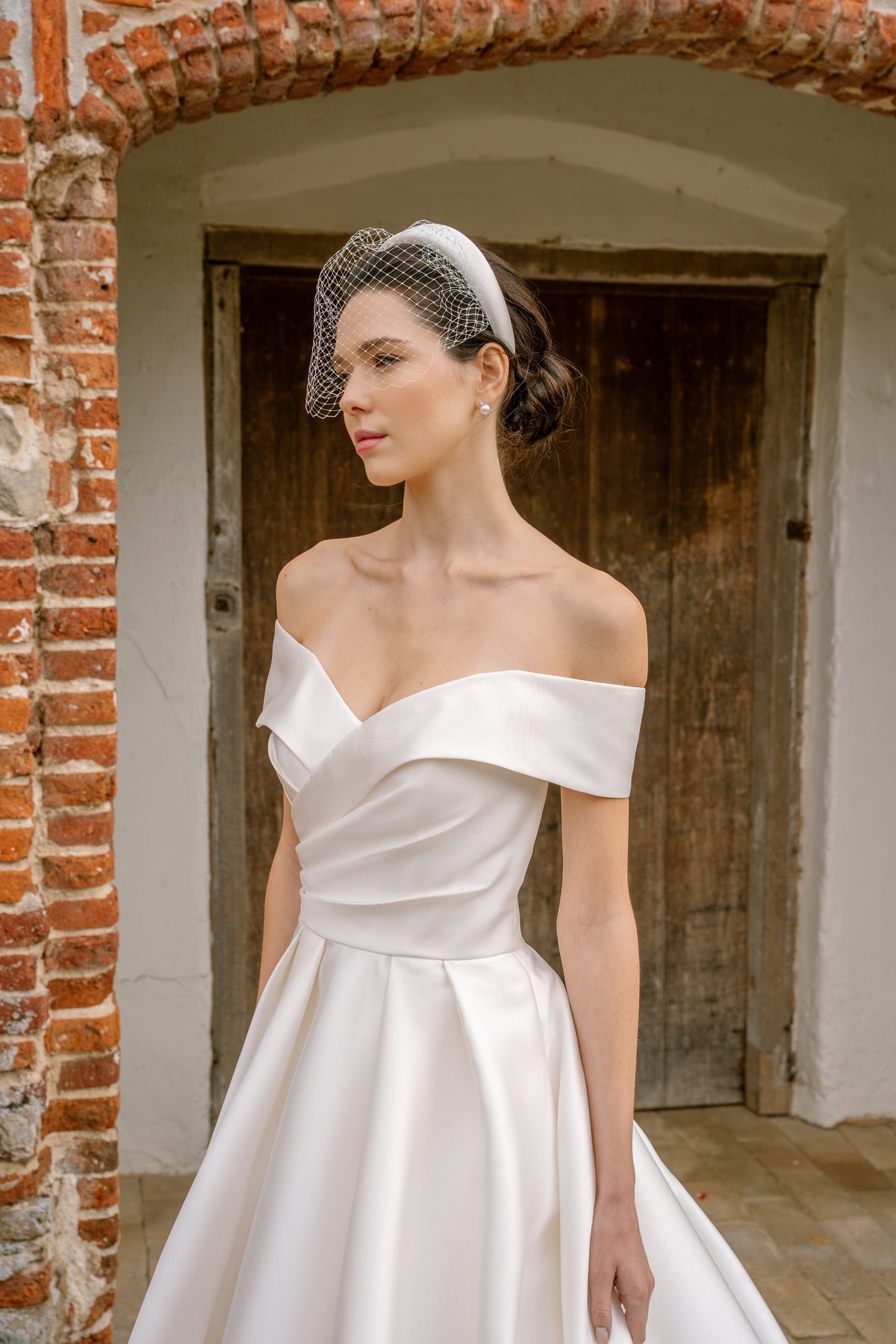 Adelaide Off-the-Shoulder Bridal Ballgown in Ivory Mikado