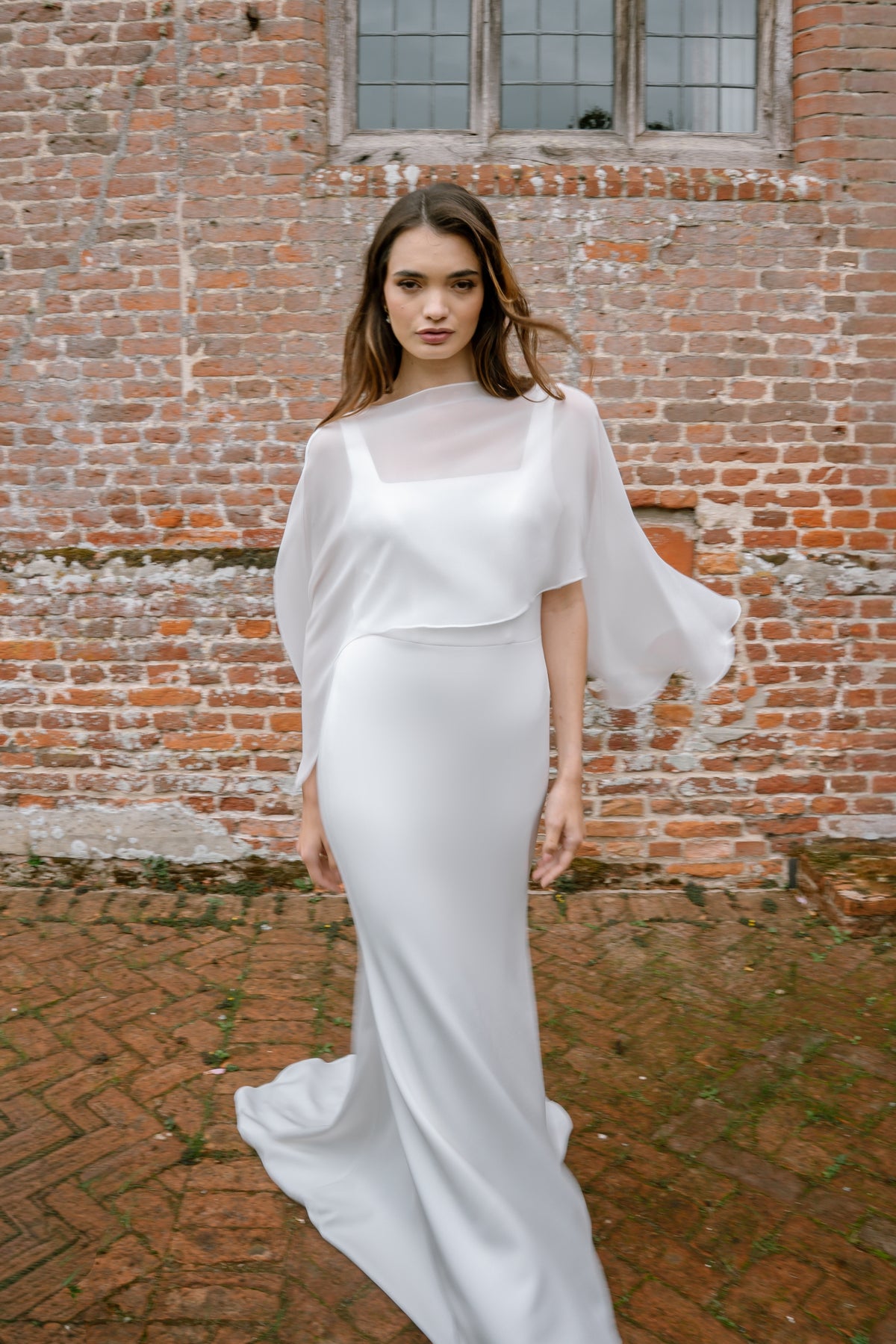 Bea Square Neck Wedding Dress with Chiffon Cape