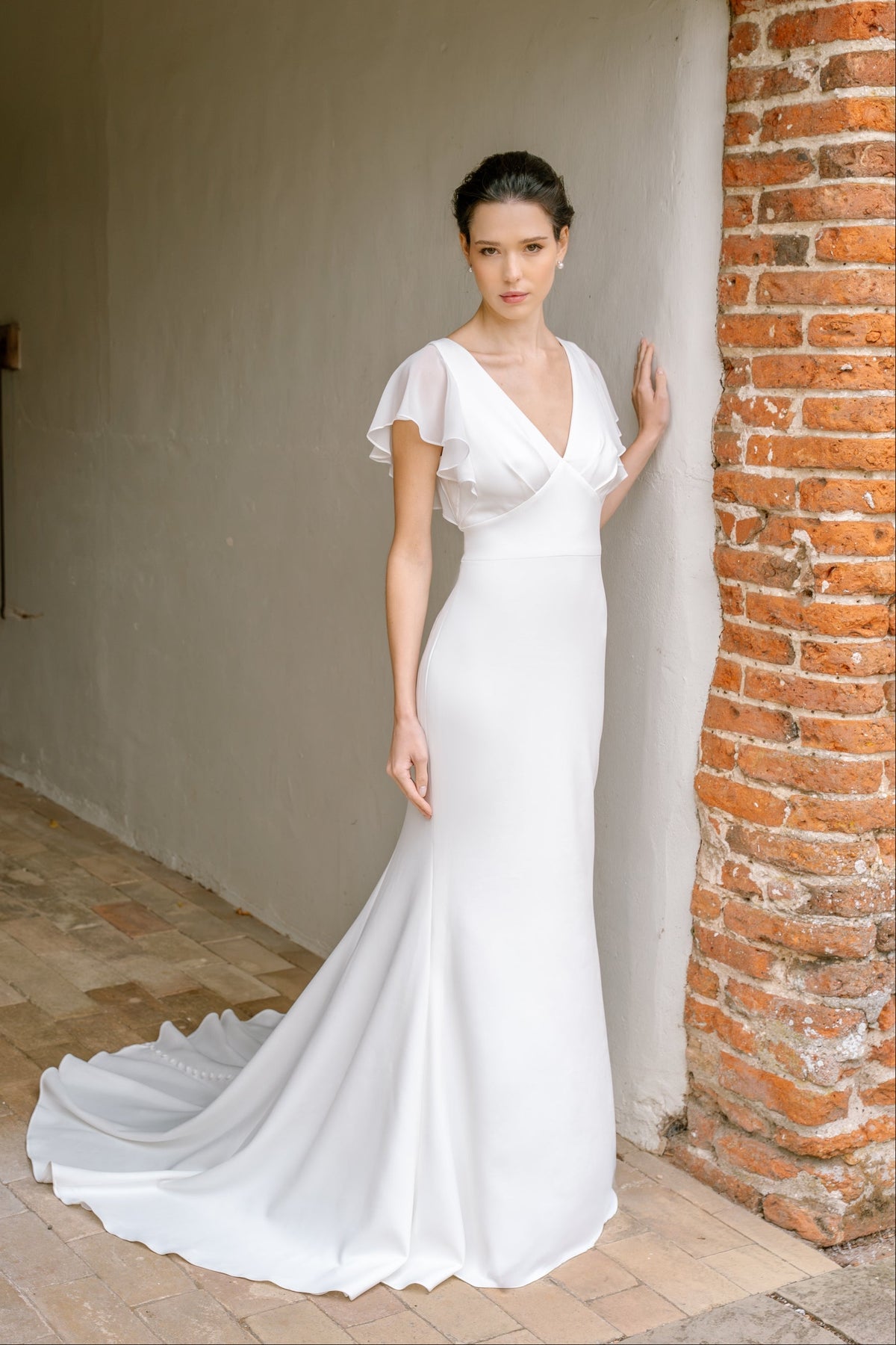 Otillie Short Sleeve Wedding Dress with V-Neck