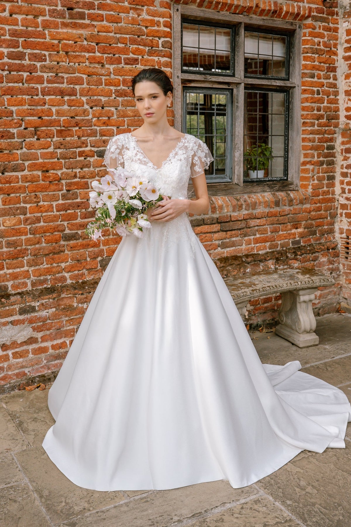 Deauville Lace Sleeve Wedding Dress with Satin Ballgown Skirt