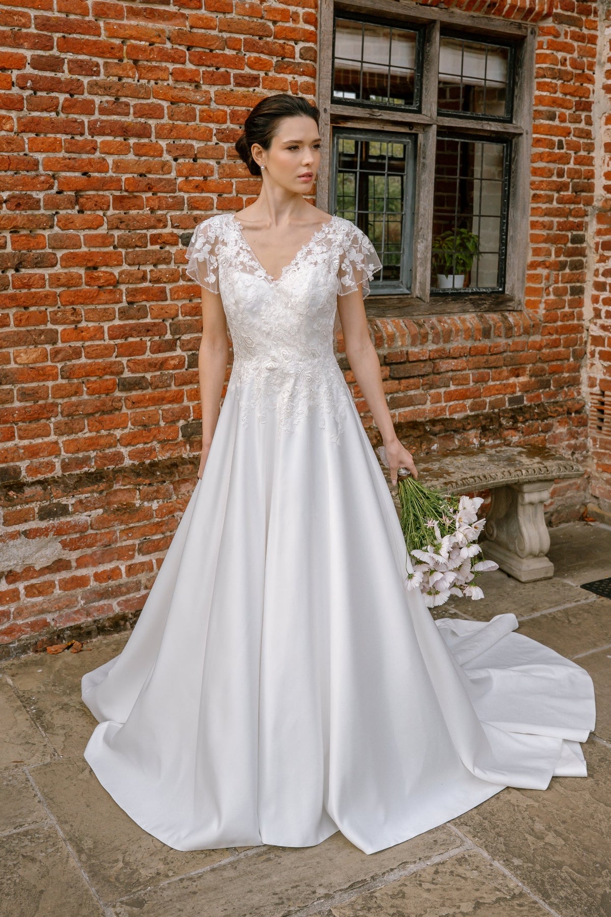 Deauville Lace Sleeve Wedding Dress with Satin Ballgown Skirt