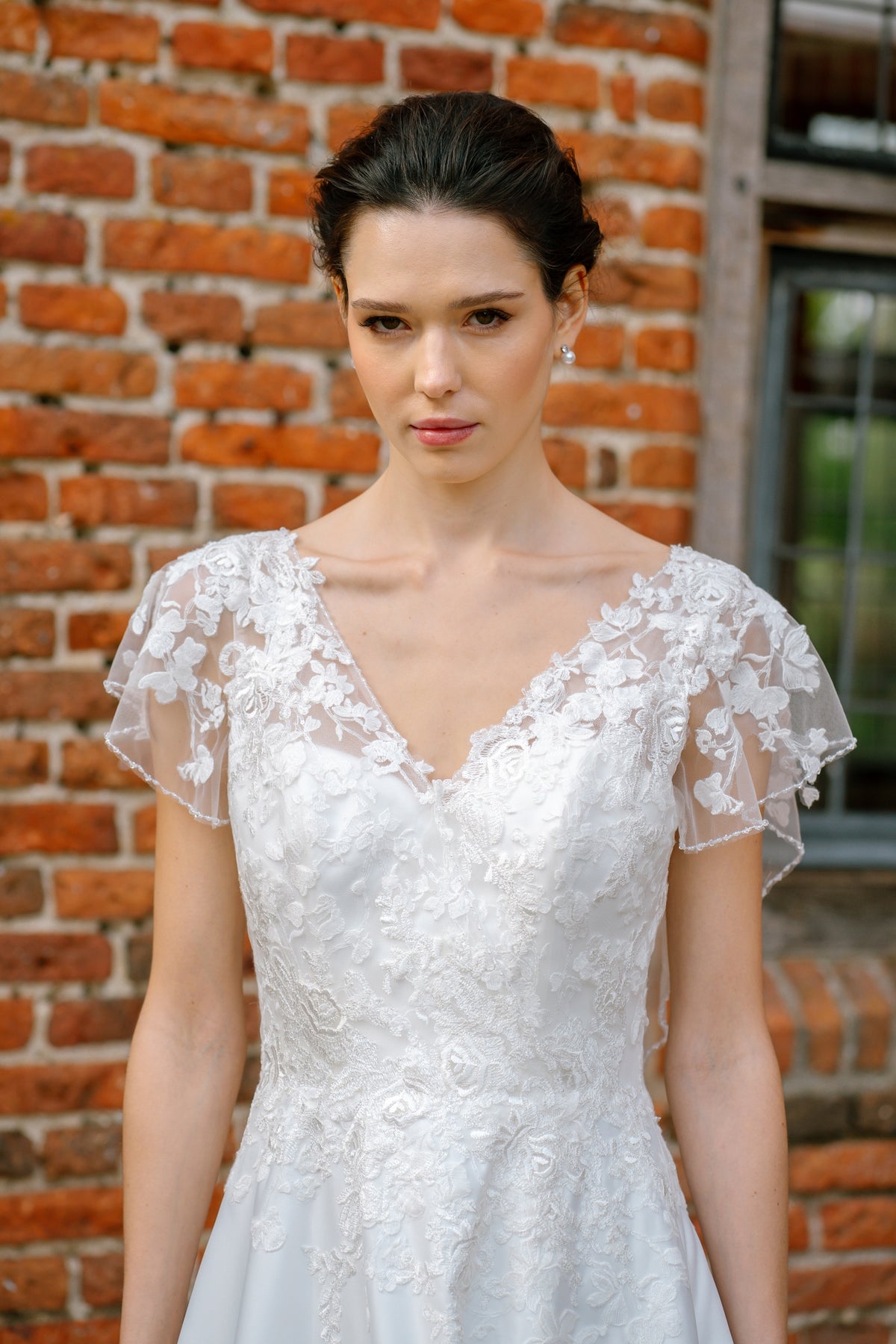 Deauville Lace Sleeve Wedding Dress with Satin Ballgown Skirt