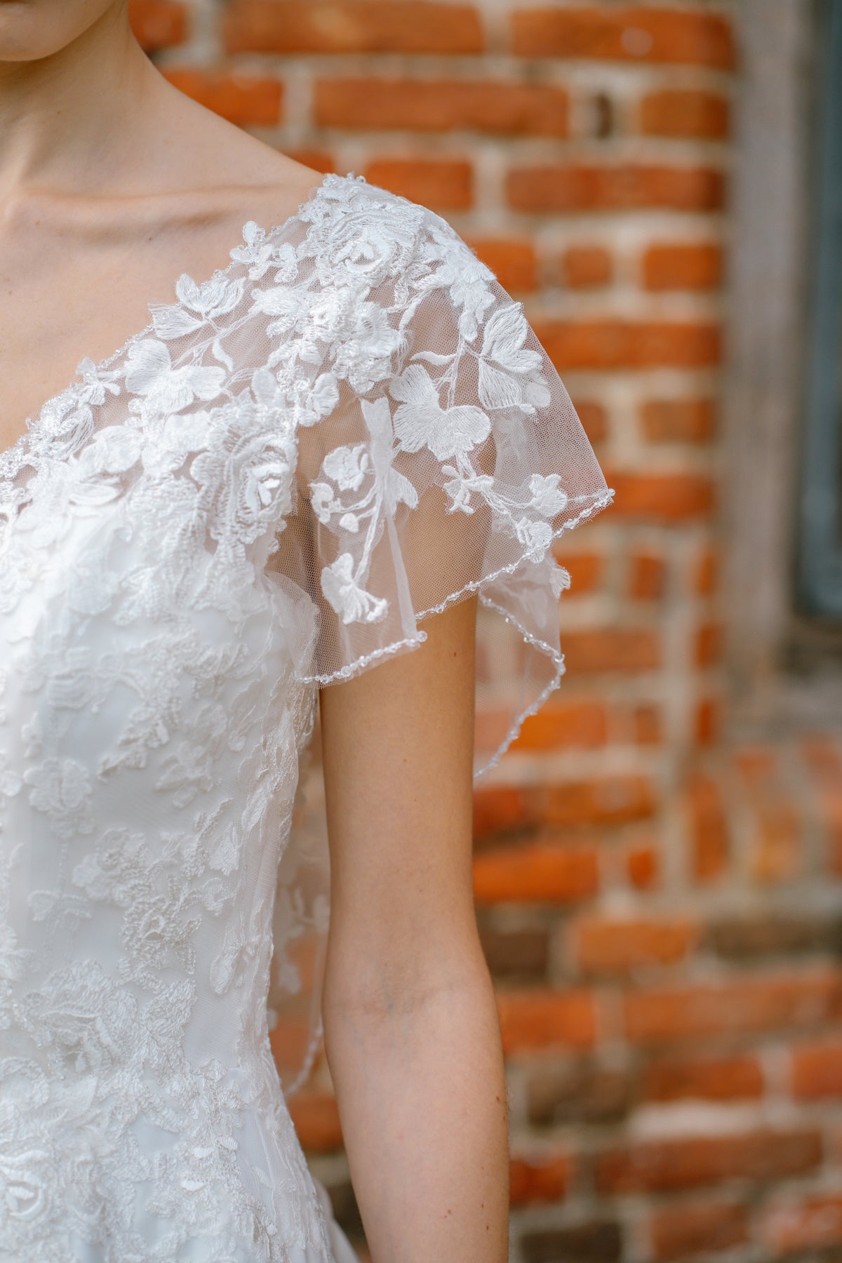 Deauville Lace Sleeve Wedding Dress with Satin Ballgown Skirt