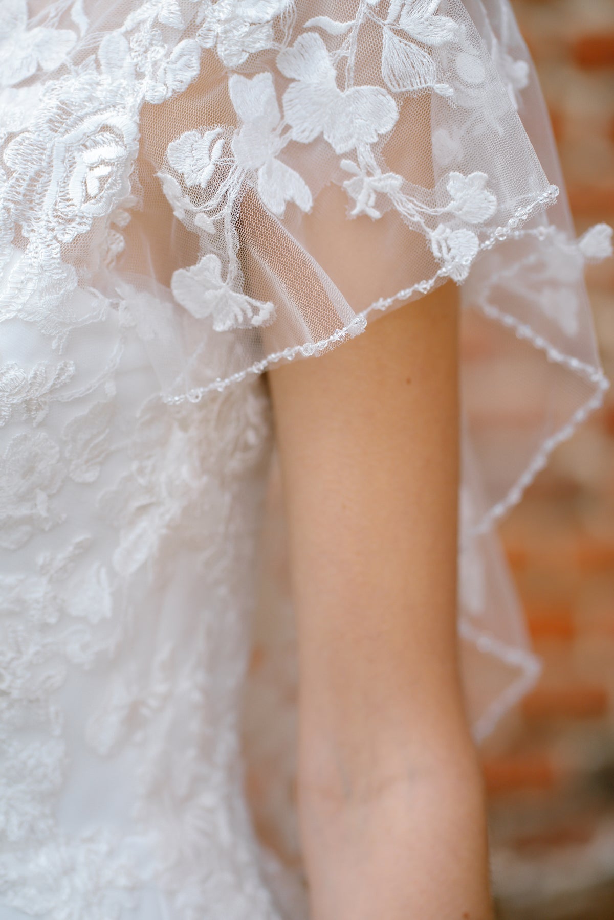 Deauville Lace Sleeve Wedding Dress with Satin Ballgown Skirt