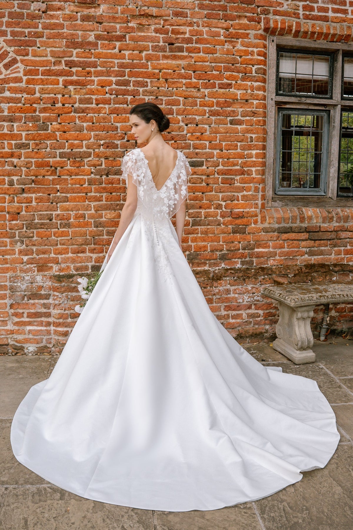 Deauville Lace Sleeve Wedding Dress with Satin Ballgown Skirt