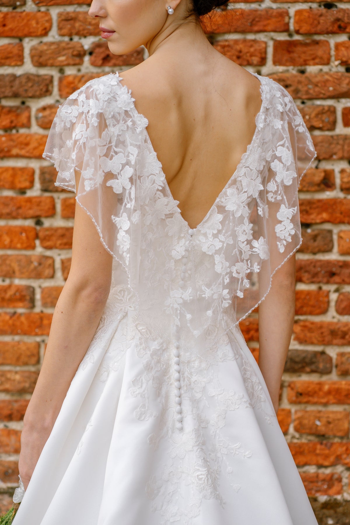 Deauville Lace Sleeve Wedding Dress with Satin Ballgown Skirt