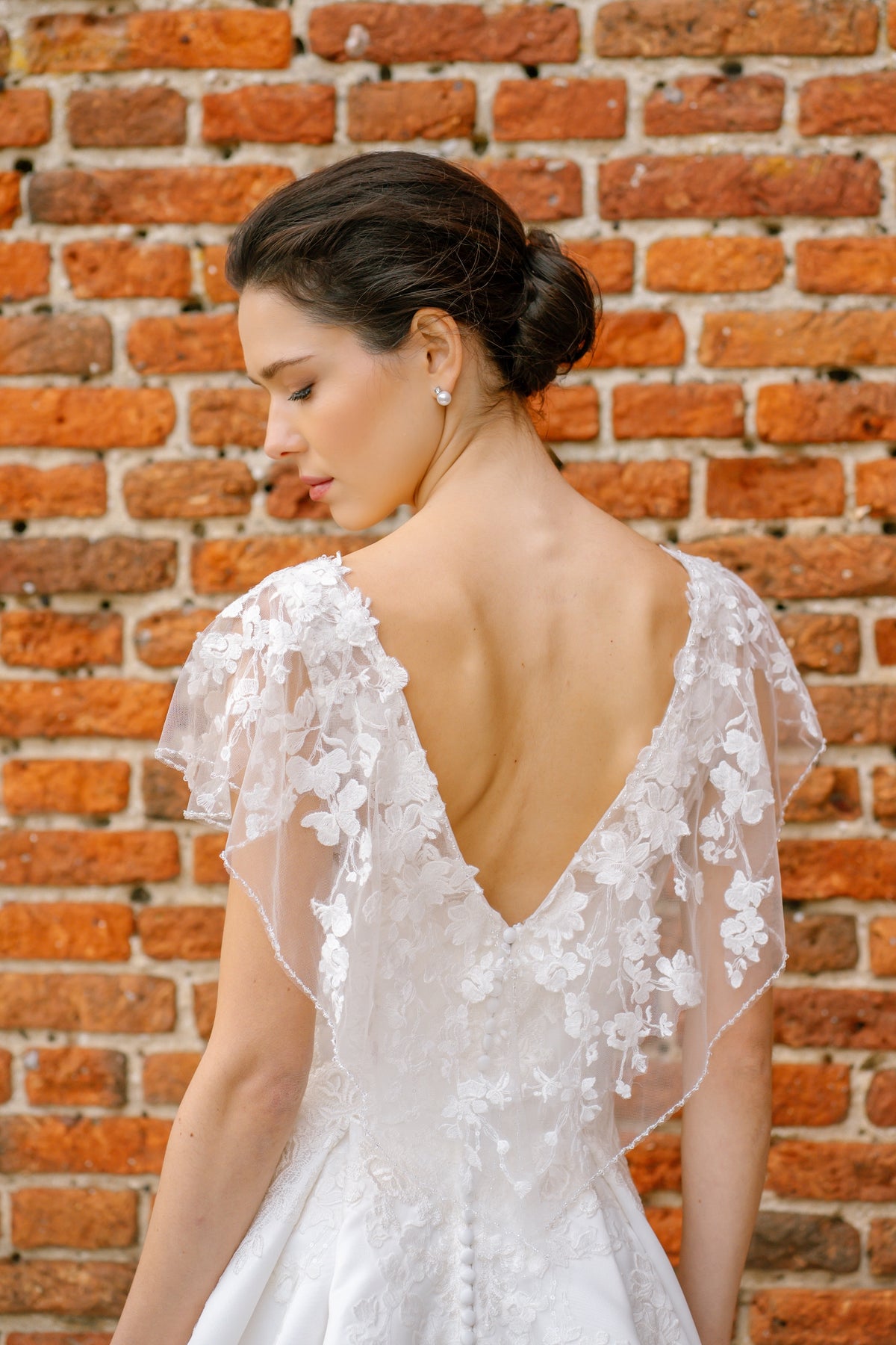 Deauville Lace Sleeve Wedding Dress with Satin Ballgown Skirt