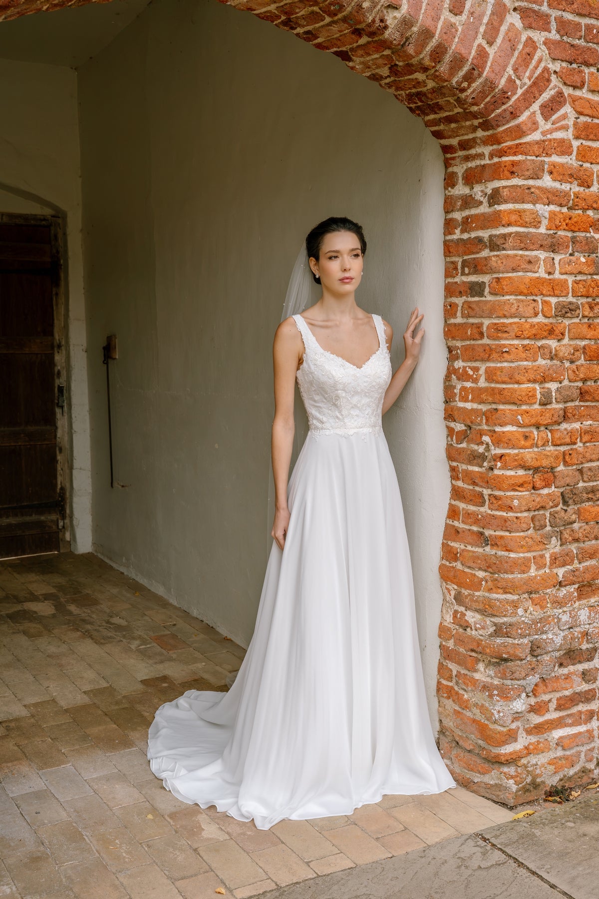 Delphine Chiffon Wedding Dress with Lace Bodice
