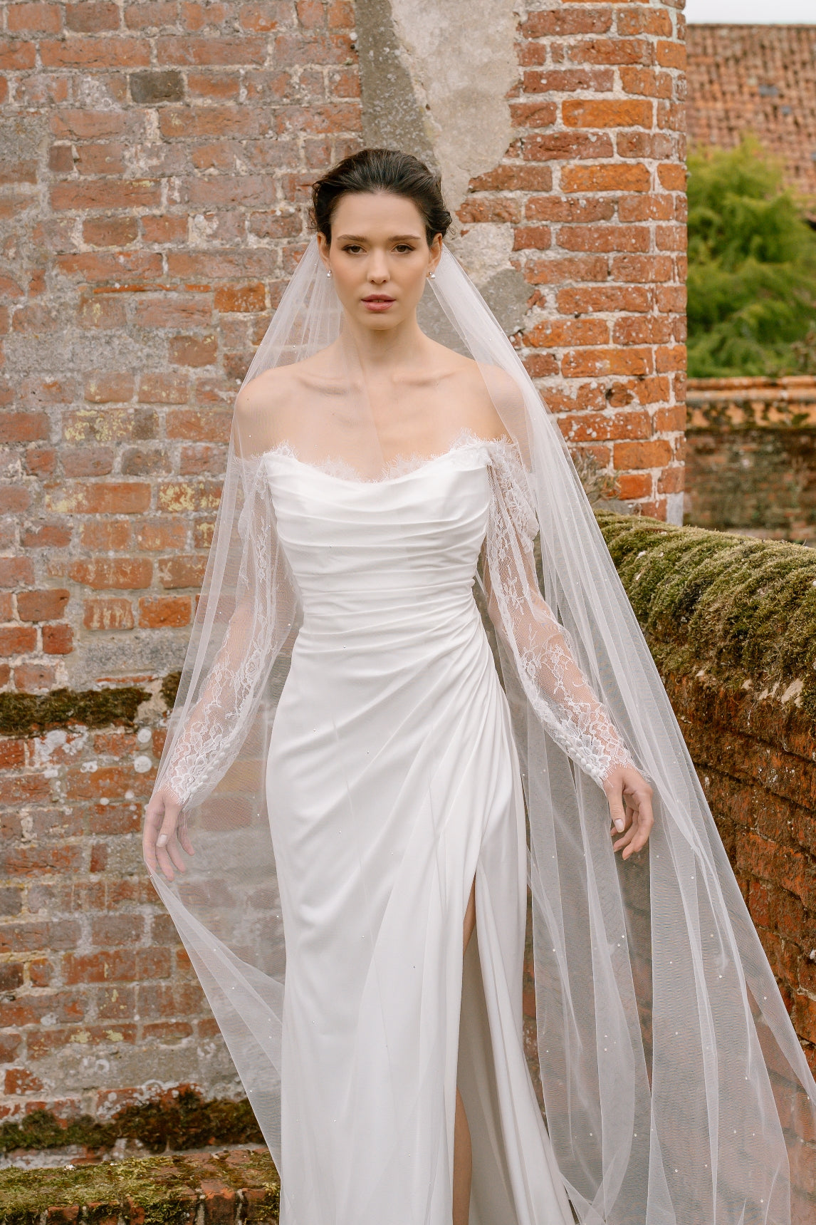 Maeve Satin Wedding Dress with Chantilly Lace Sleeves