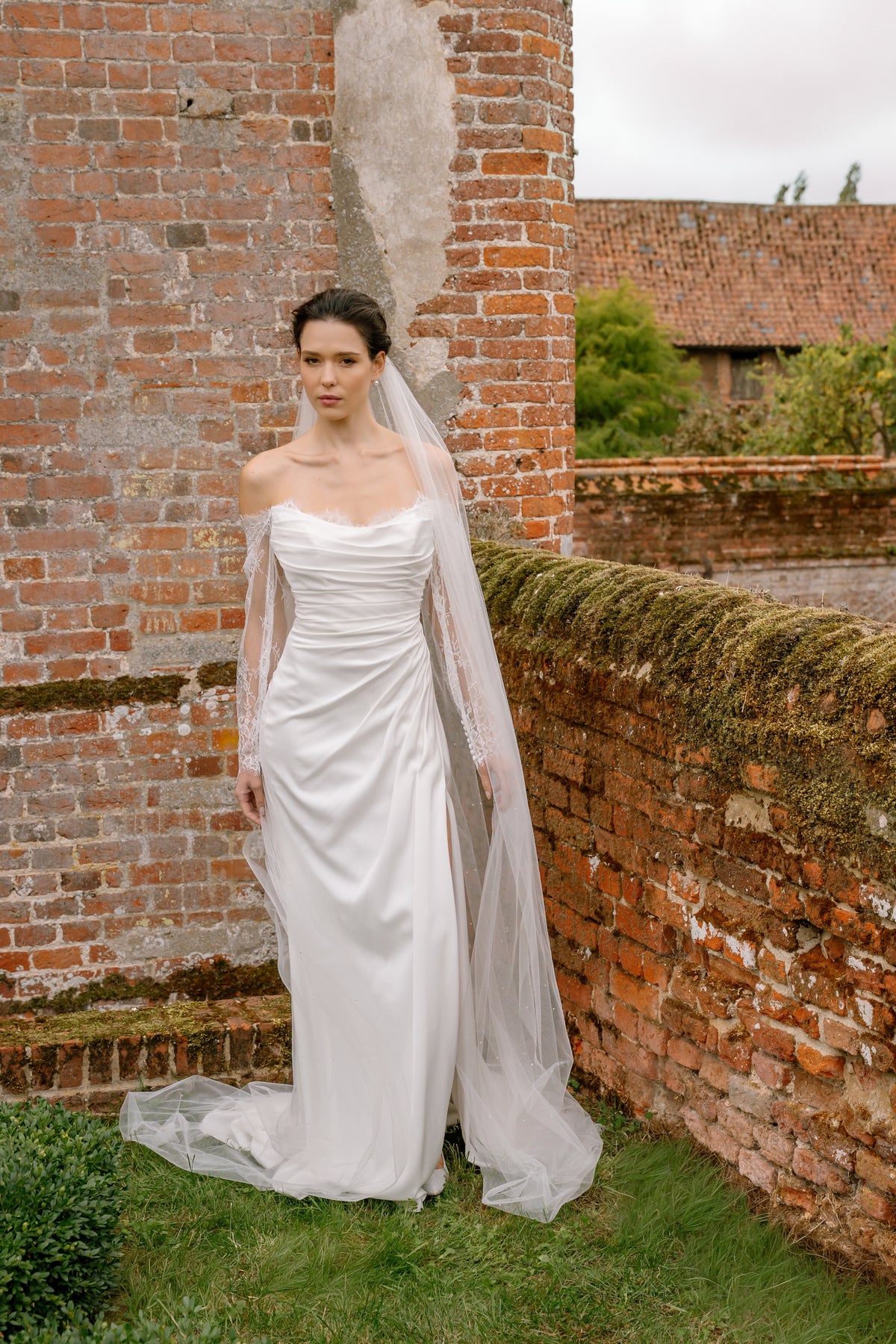 Maeve Satin Wedding Dress with Chantilly Lace Sleeves