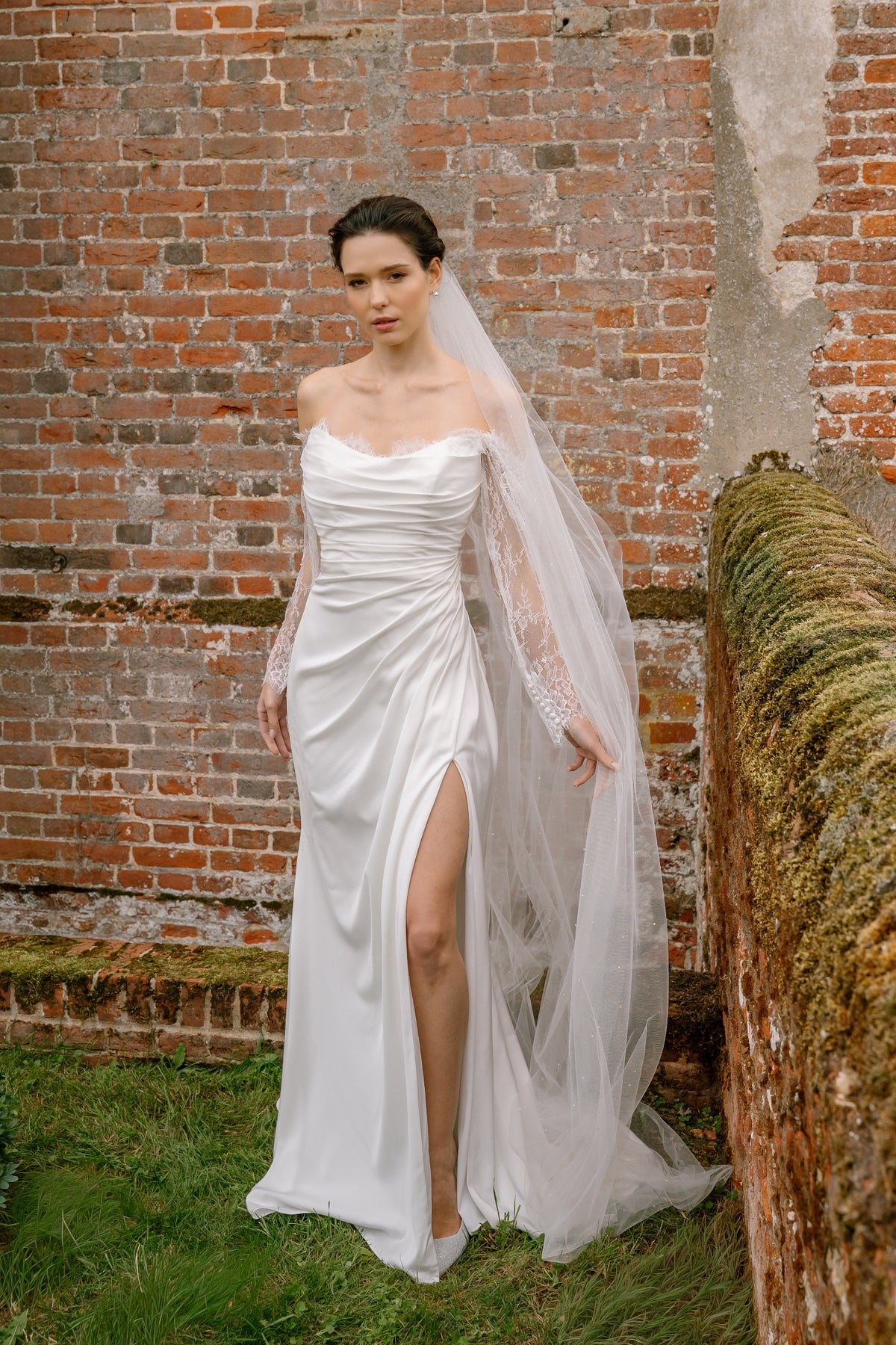Maeve Satin Wedding Dress with Chantilly Lace Sleeves