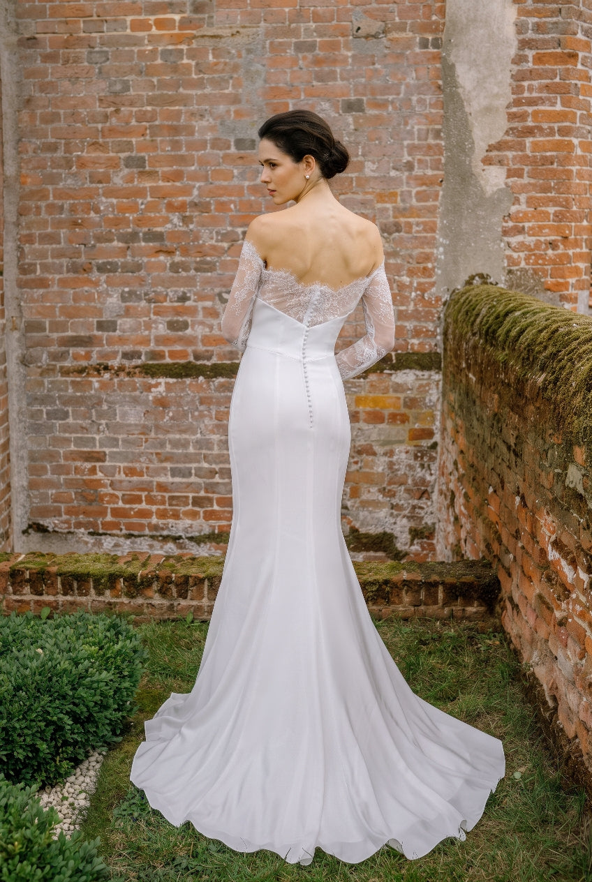 Maeve Satin Wedding Dress with Chantilly Lace Sleeves